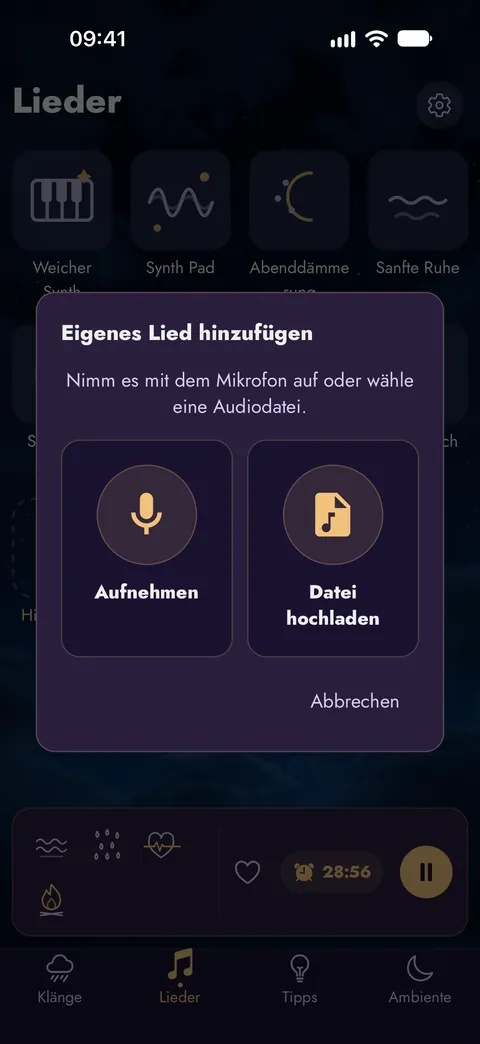 Eigenes Lied hinzufügen: mit dem Mikrofon aufnehmen oder eine Audiodatei wählen