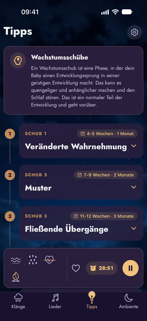 Der Tipps-Bildschirm mit den Entwicklungssprüngen Woche für Woche