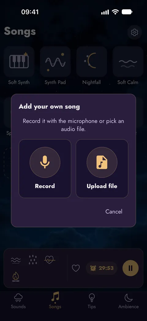 Adding your own song: record it with the microphone or pick an audio file