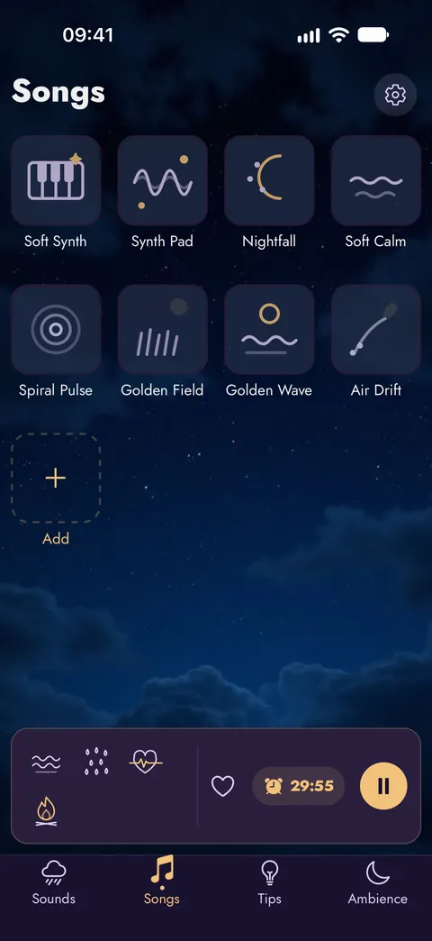 The Songs screen with eight gentle songs and room for your own recordings