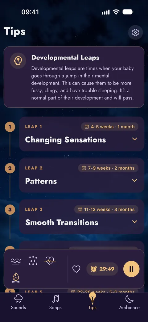 The Tips screen with developmental leaps, week by week