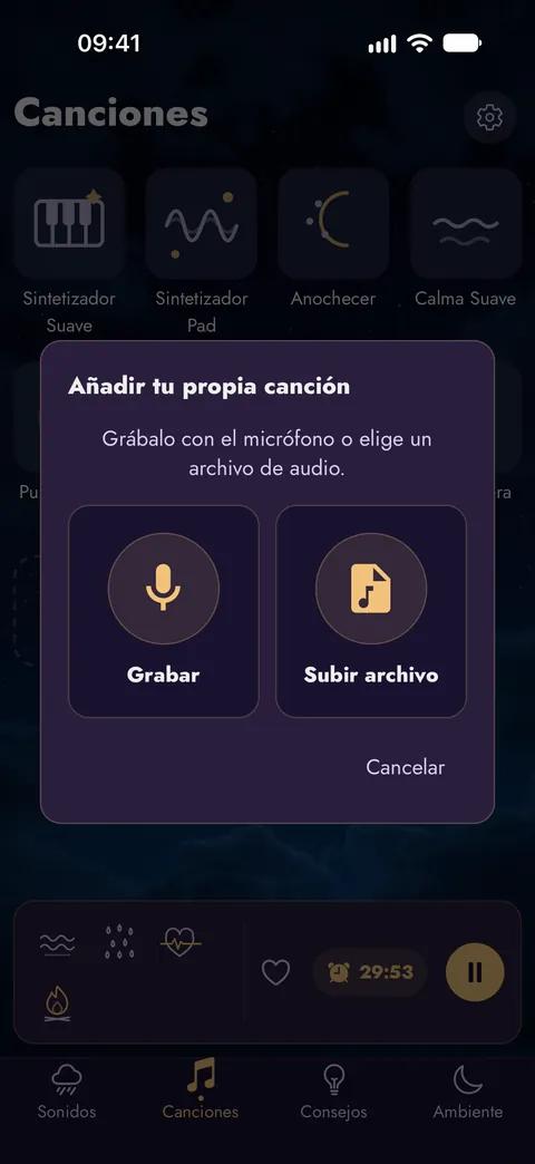 Añadir tu propia canción: grábala con el micrófono o elige un archivo de audio