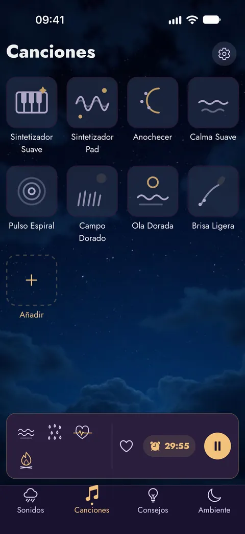 La pantalla Canciones con ocho melodías suaves y sitio para tus propias grabaciones