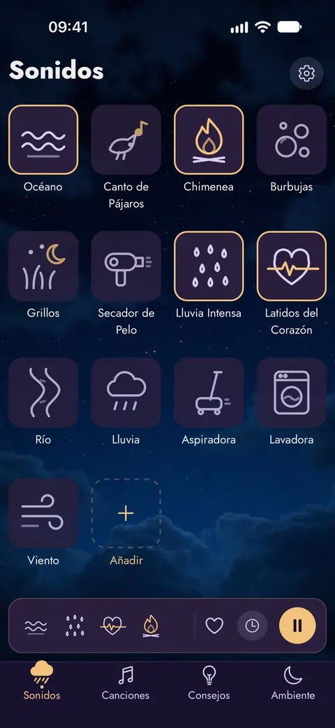 La pantalla Sonidos de Luna Lunera, con lluvia, océano, chimenea y más sobre un cielo nocturno