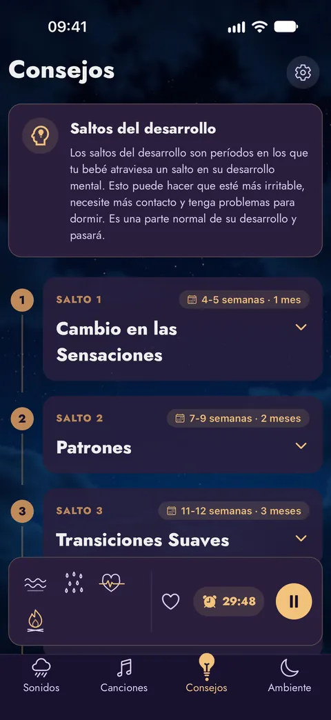 La pantalla Consejos con los saltos del desarrollo semana a semana
