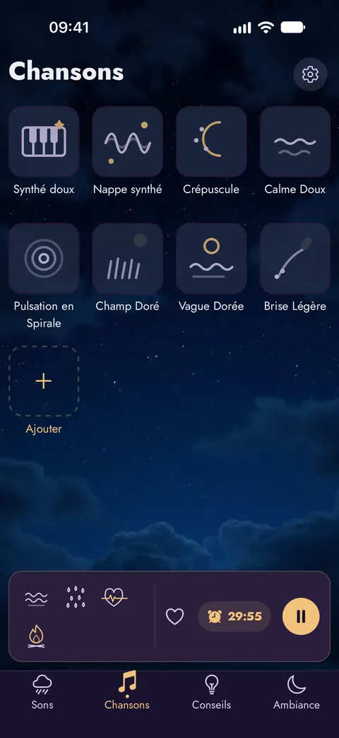 L'écran Chansons avec huit mélodies douces et de la place pour tes enregistrements