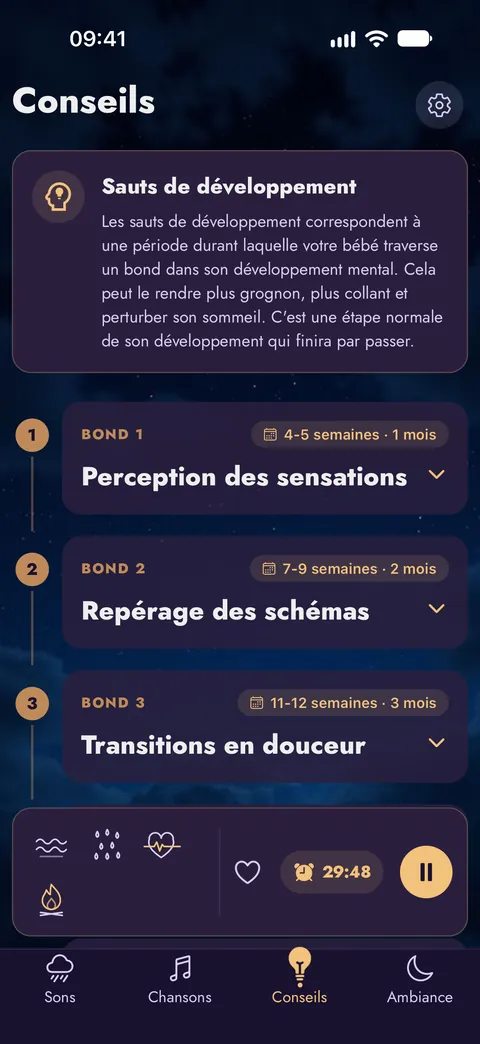 L'écran Conseils avec les bonds du développement, semaine après semaine