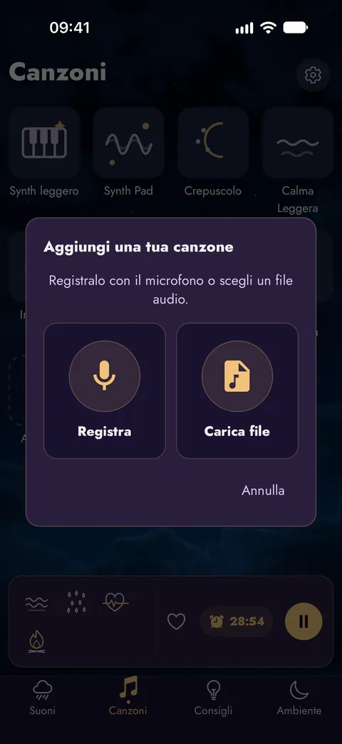 Aggiungere una tua canzone: registrala con il microfono o scegli un file audio