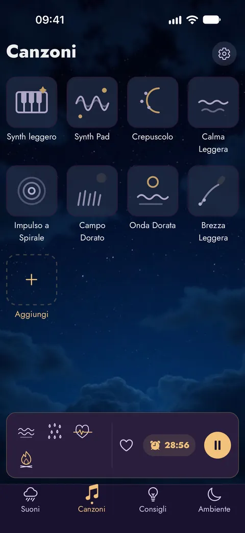 La schermata Canzoni con otto melodie dolci e spazio per le tue registrazioni