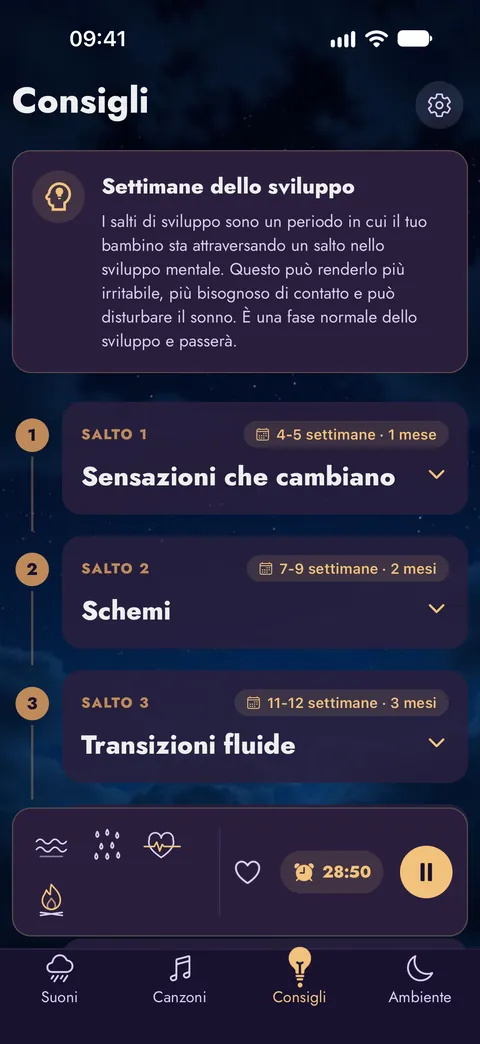 La schermata Consigli con i salti dello sviluppo settimana per settimana