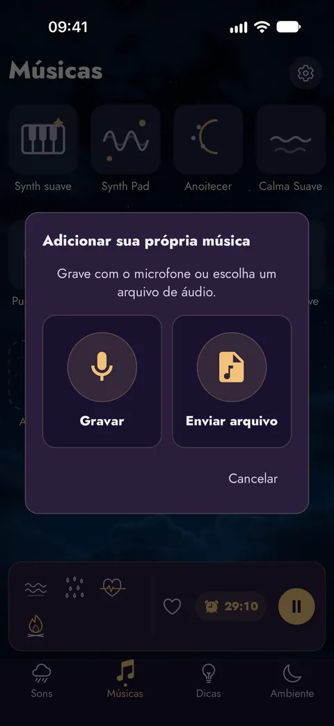 Adicionar sua própria música: grave com o microfone ou escolha um arquivo de áudio
