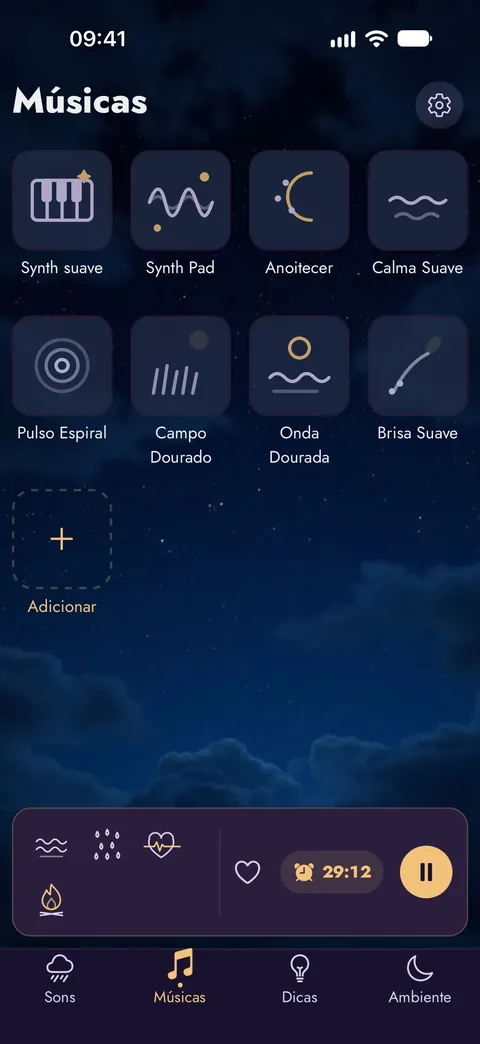 A tela Músicas com oito melodias suaves e espaço para as suas gravações