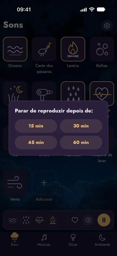 Escolhendo um timer de sono de 15, 30, 45 ou 60 minutos