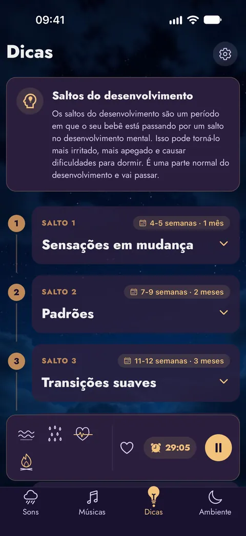 A tela Dicas com os saltos de desenvolvimento semana a semana